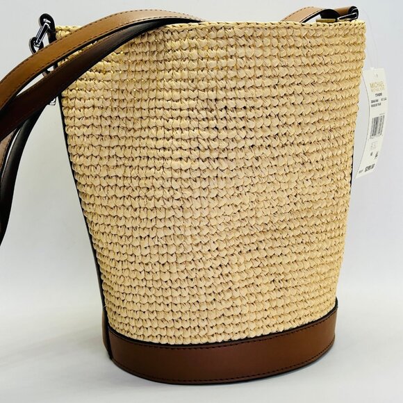 MICHAEL Michael Kors Townsend Straw Bucket Bag Tan Raffia Leather Tote - Picture 3 of 16